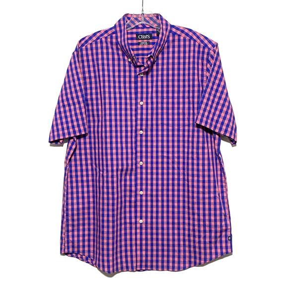 Chaps Button Shirt Mens L Stretch Easy Care Pink Blue Checks Preppy Classic - Picture 1 of 8